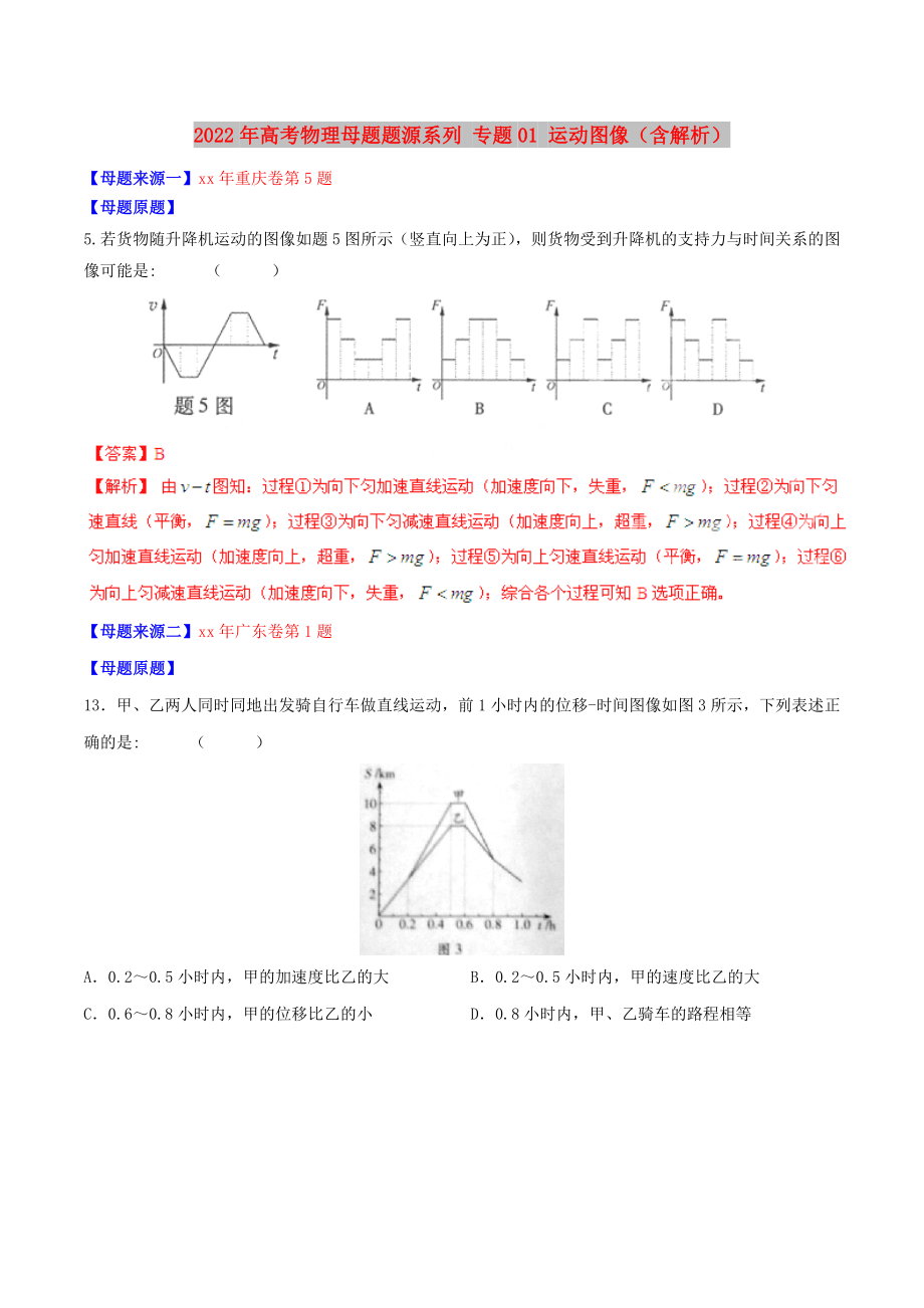 2022年高考物理母題題源系列 專題01 運動圖像（含解析）_第1頁