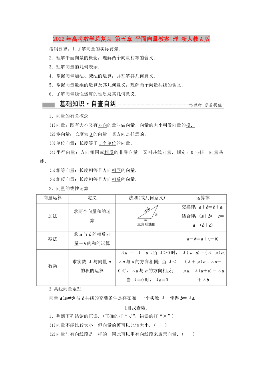 2022年高考數(shù)學(xué)總復(fù)習(xí) 第五章 平面向量教案 理 新人教A版_第1頁