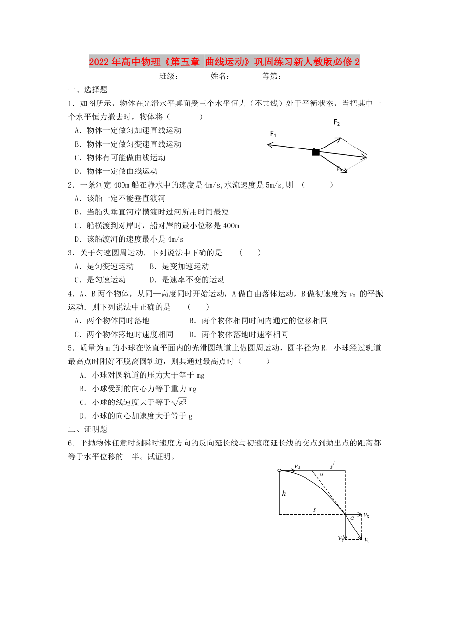 2022年高中物理《第五章 曲線運動》鞏固練習(xí)新人教版必修2_第1頁