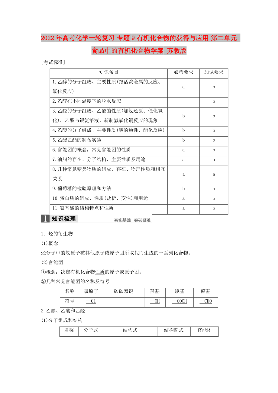 2022年高考化學(xué)一輪復(fù)習(xí) 專題9 有機(jī)化合物的獲得與應(yīng)用 第二單元 食品中的有機(jī)化合物學(xué)案 蘇教版_第1頁