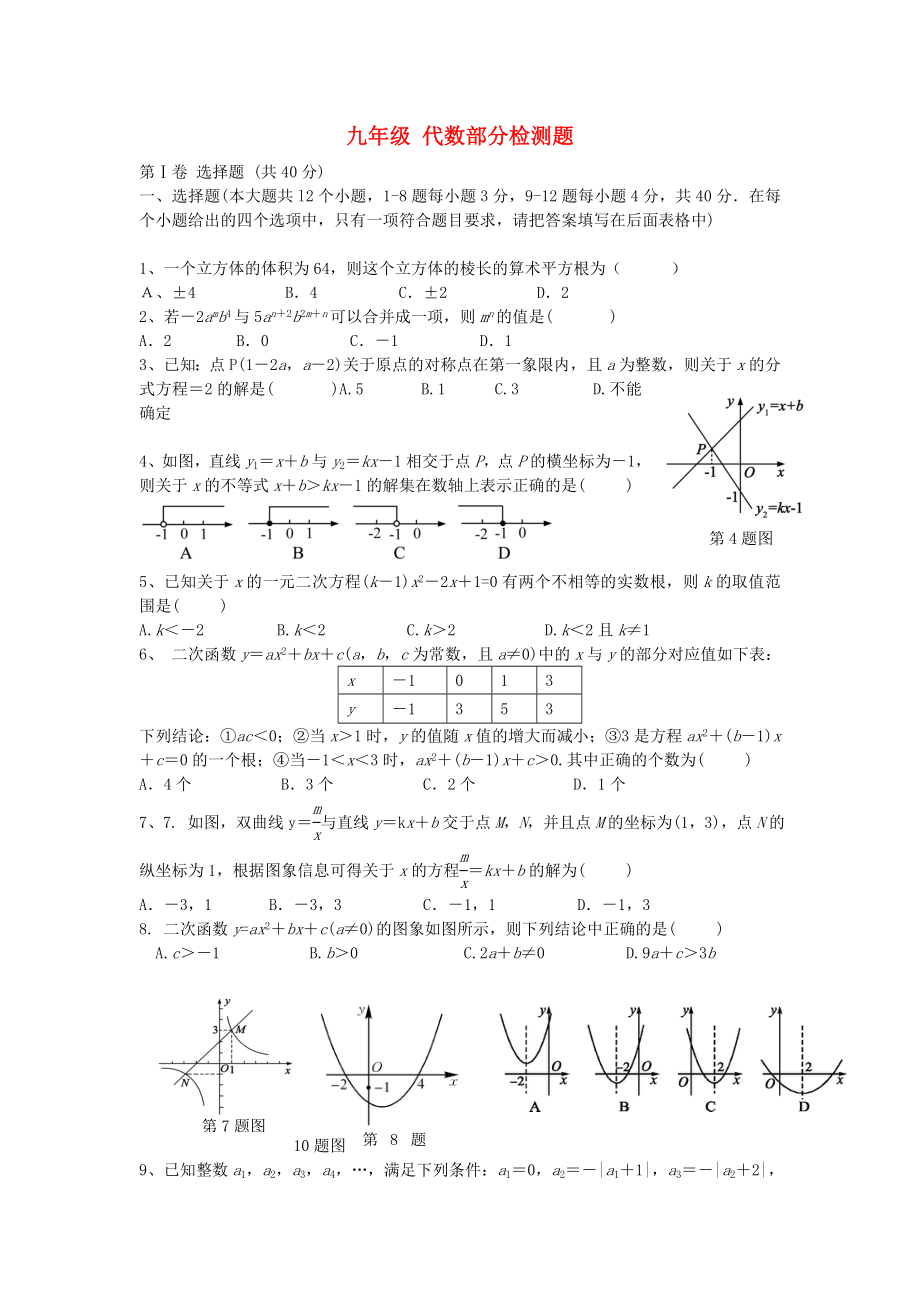 九年級 代數(shù)部分檢測題_第1頁