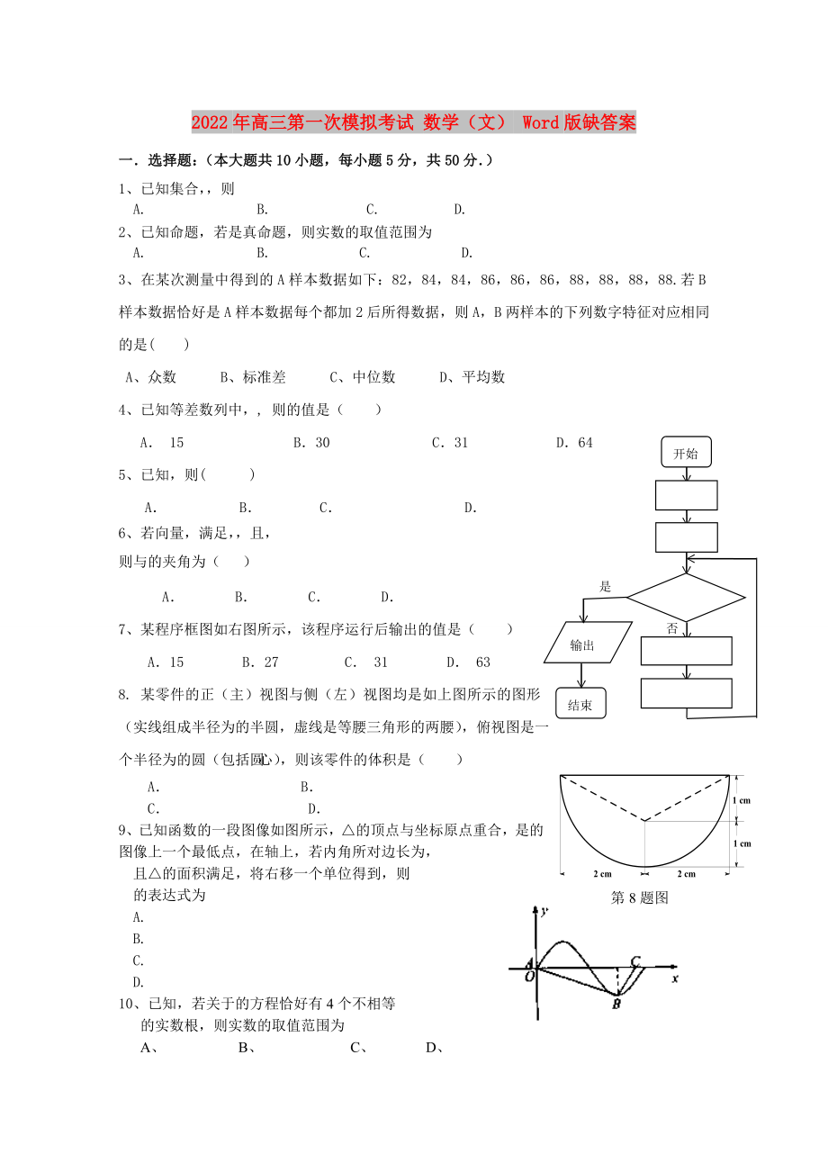 2022年高三第一次模擬考試 數(shù)學(xué)（文） Word版缺答案_第1頁