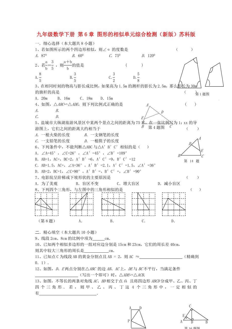 九年級(jí)數(shù)學(xué)下冊(cè) 第6章 圖形的相似單元綜合檢測(cè)（新版）蘇科版_第1頁(yè)