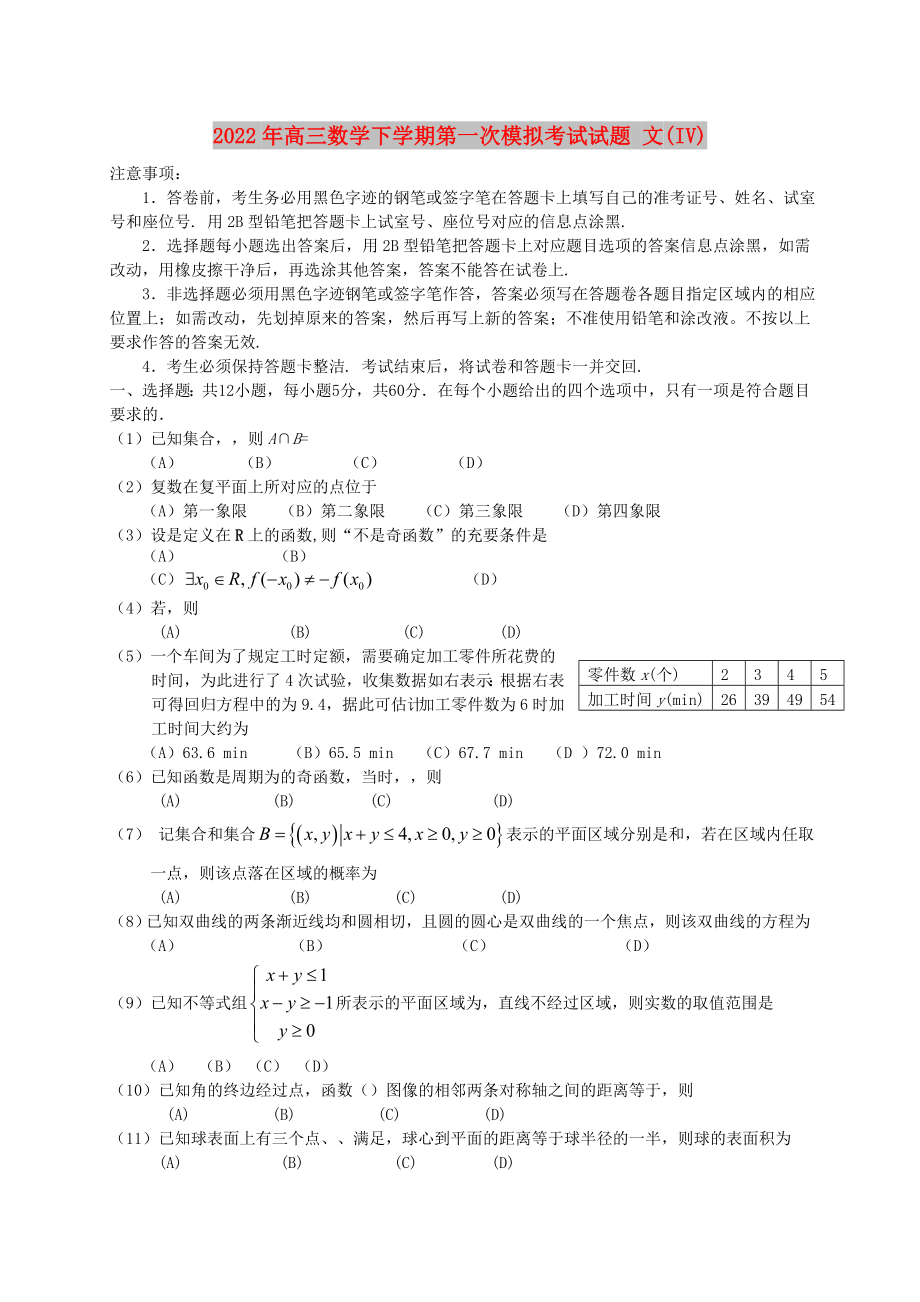 2022年高三數(shù)學(xué)下學(xué)期第一次模擬考試試題 文(IV)_第1頁