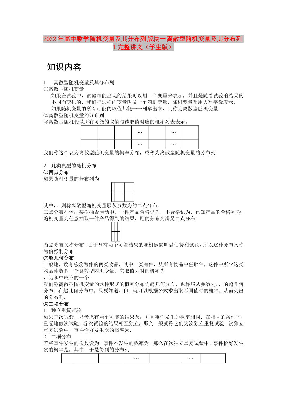 2022年高中数学 随机变量及其分布列 版块一 离散型随机变量及其分布列1完整讲义（学生版）_第1页