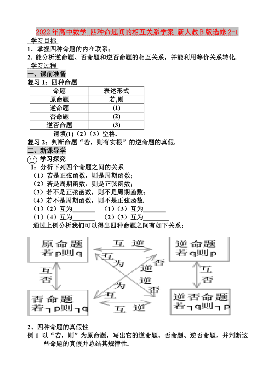 2022年高中數(shù)學(xué) 四種命題間的相互關(guān)系學(xué)案 新人教B版選修2-1_第1頁