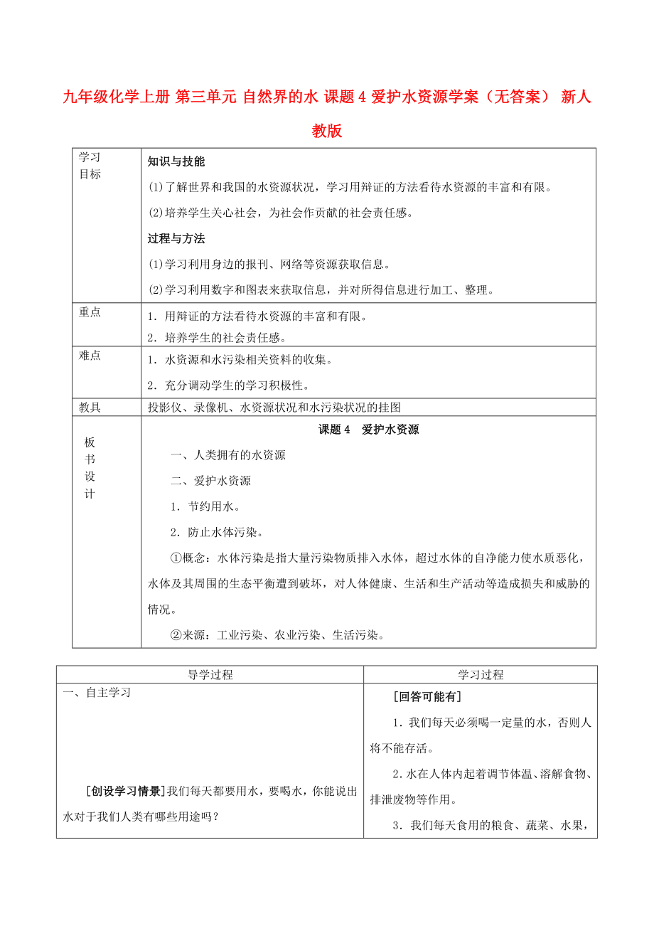 九年級化學上冊 第三單元 自然界的水 課題4 愛護水資源學案（無答案） 新人教版_第1頁