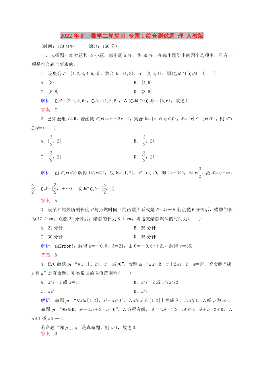 2022年高三數(shù)學二輪復習 專題1綜合測試題 理 人教版_第1頁