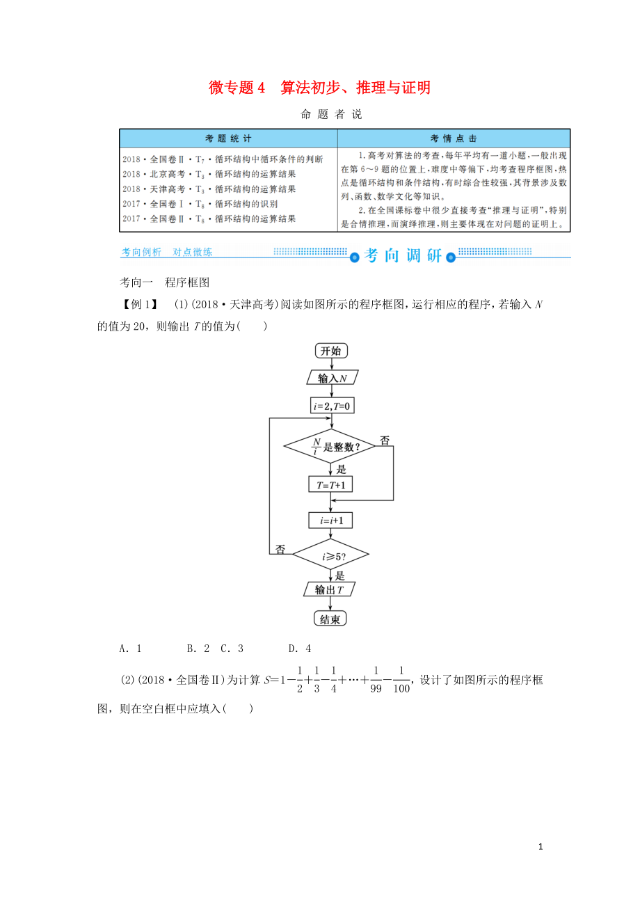 2019高考高考數(shù)學(xué)二輪復(fù)習(xí) 第二部分 第一講 高考?？伎陀^題 微專題4 算法初步、推理與證明學(xué)案 理_第1頁