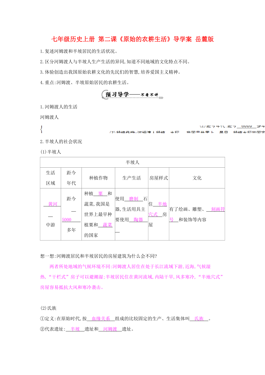 七年級(jí)歷史上冊(cè) 第二課《原始的農(nóng)耕生活》導(dǎo)學(xué)案 岳麓版_第1頁(yè)