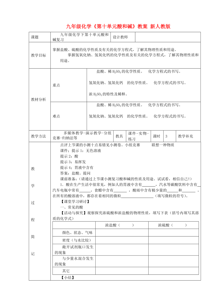 九年級(jí)化學(xué)《第十單元酸和堿》教案 新人教版_第1頁(yè)