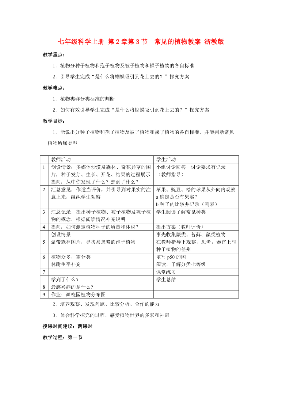 七年級(jí)科學(xué)上冊 第2章第3節(jié)常見的植物教案 浙教版_第1頁