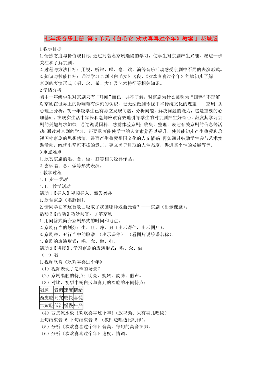 七年级音乐上册 第5单元《白毛女 欢欢喜喜过个年》教案1 花城版_第1页