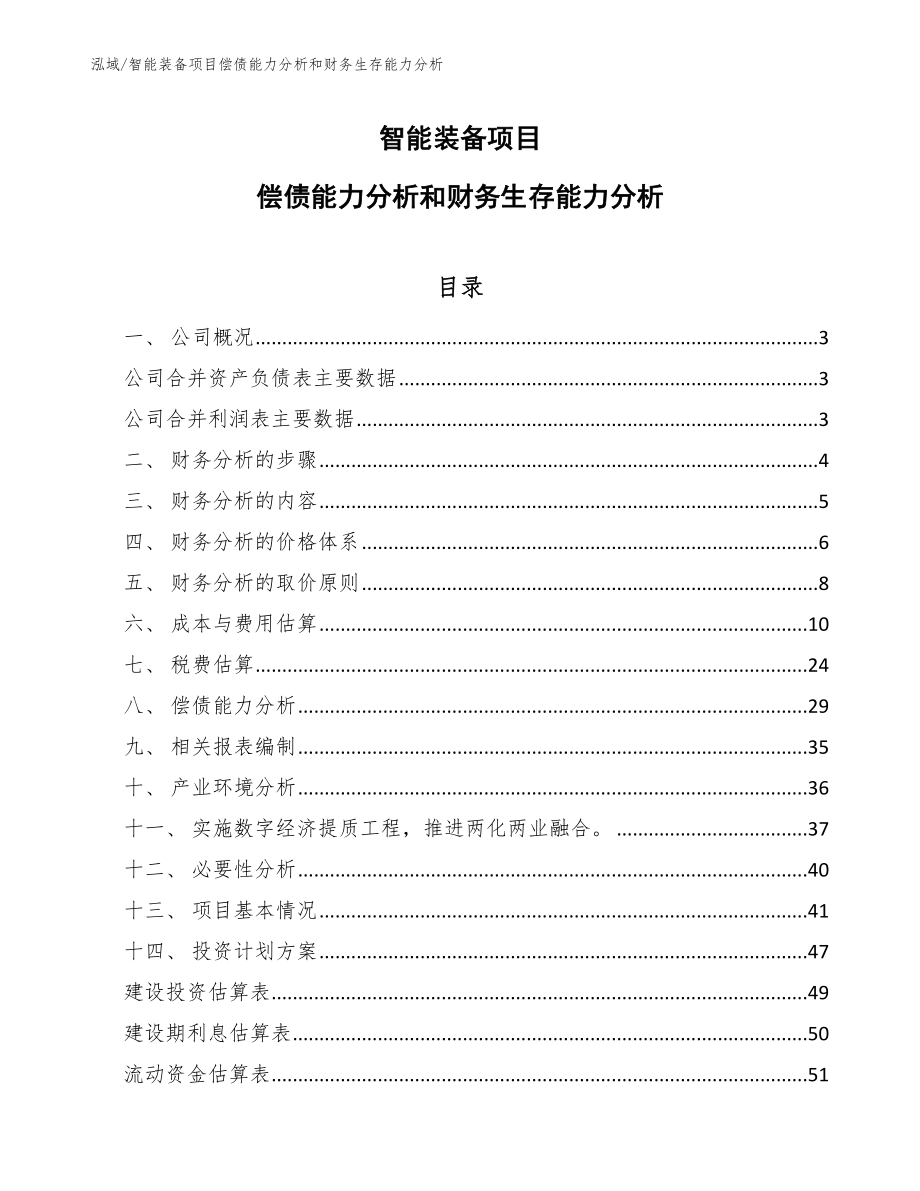 智能装备项目偿债能力分析和财务生存能力分析_第1页