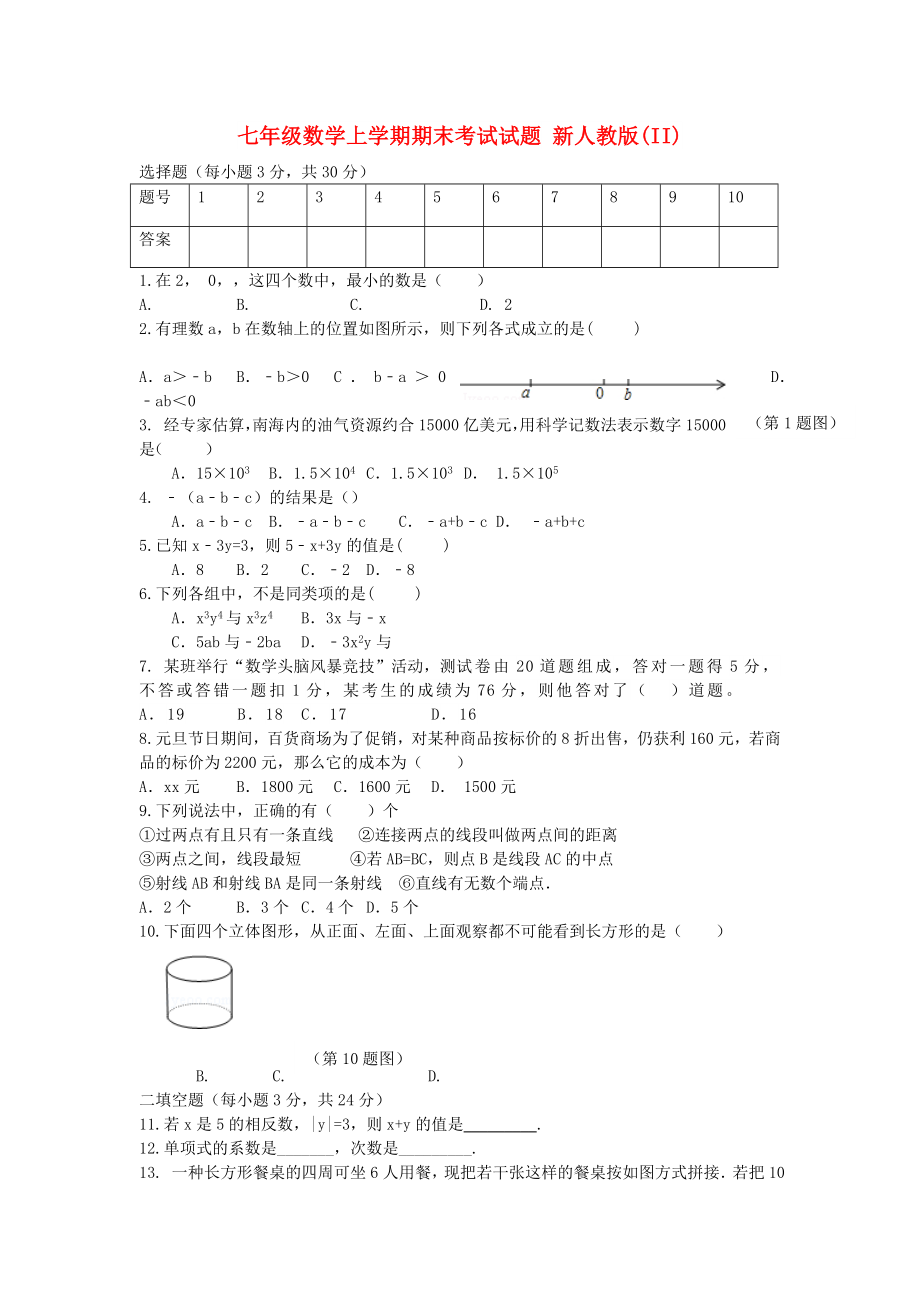 七年級數(shù)學上學期期末考試試題 新人教版(II)_第1頁