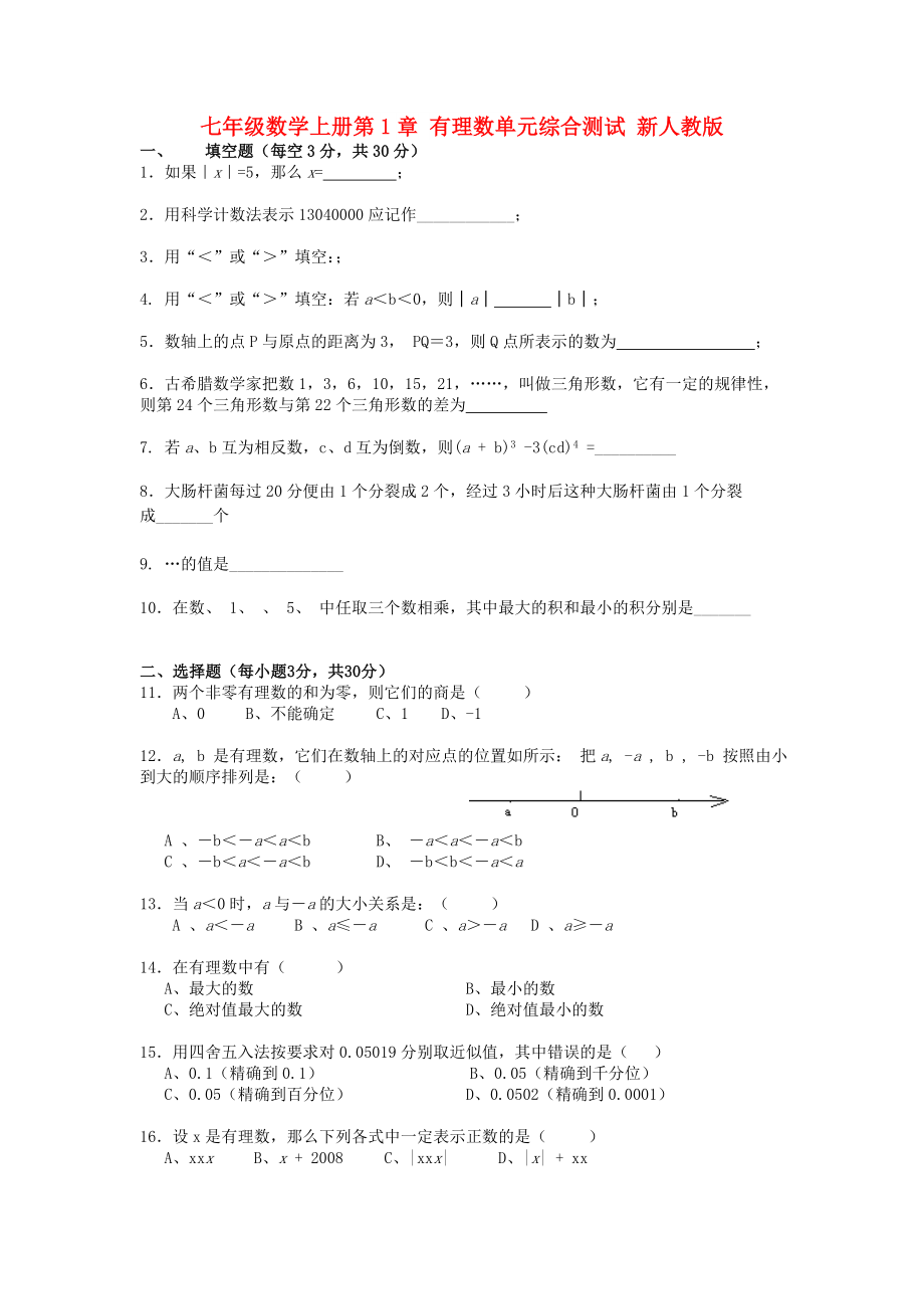 七年級(jí)數(shù)學(xué)上冊第1章 有理數(shù)單元綜合測試 新人教版_第1頁