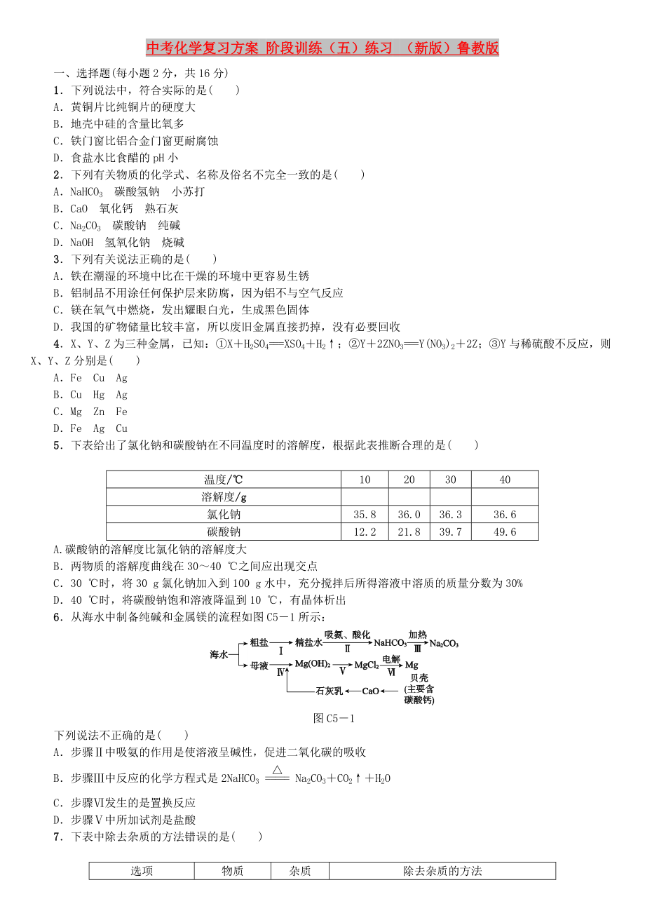 中考化学复习方案 阶段训练（五）练习 （新版）鲁教版_第1页