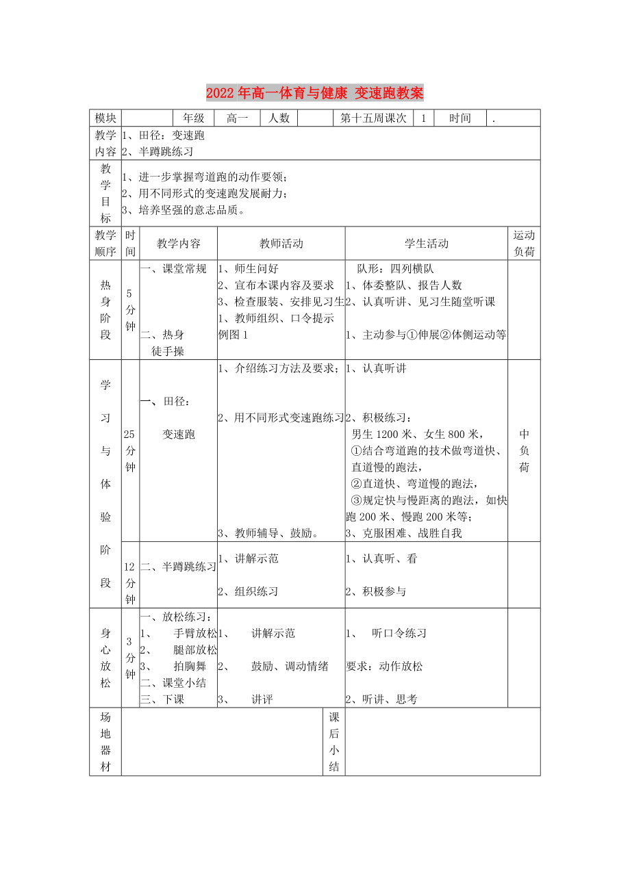 2022年高一體育與健康 變速跑教案_第1頁(yè)