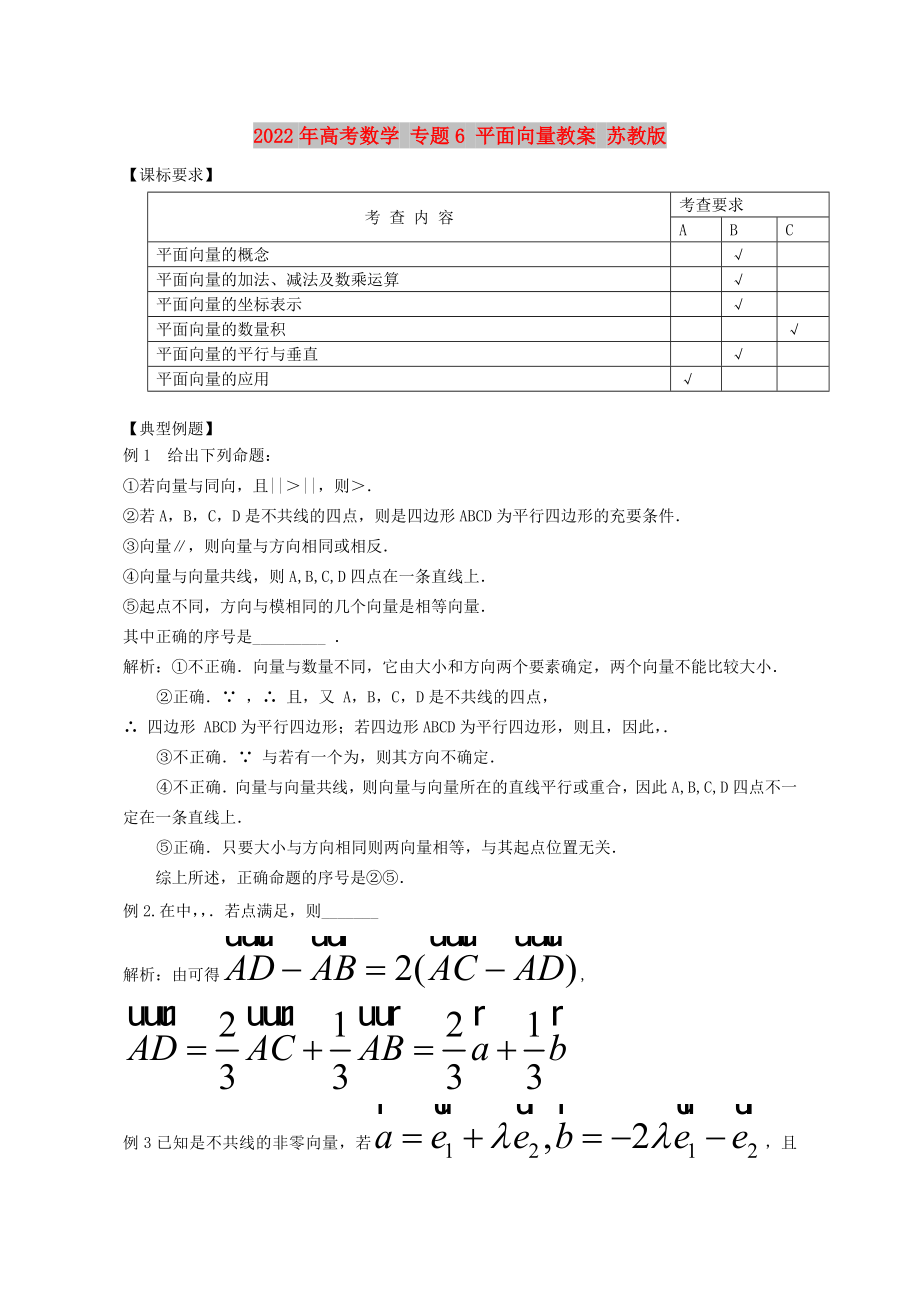 2022年高考數(shù)學(xué) 專題6 平面向量教案 蘇教版_第1頁(yè)