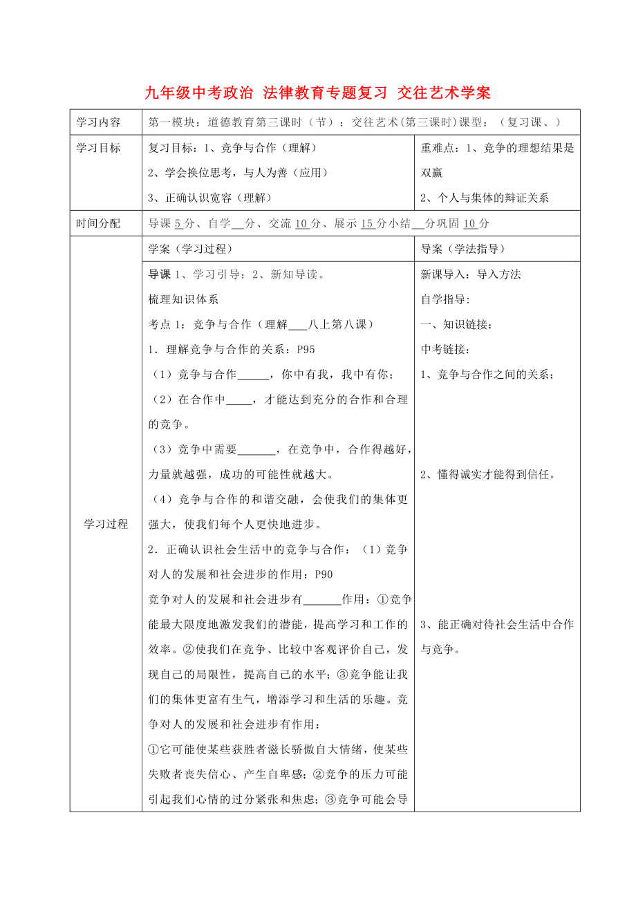 九年级中考政治 法律教育专题复习 交往艺术学案_第1页