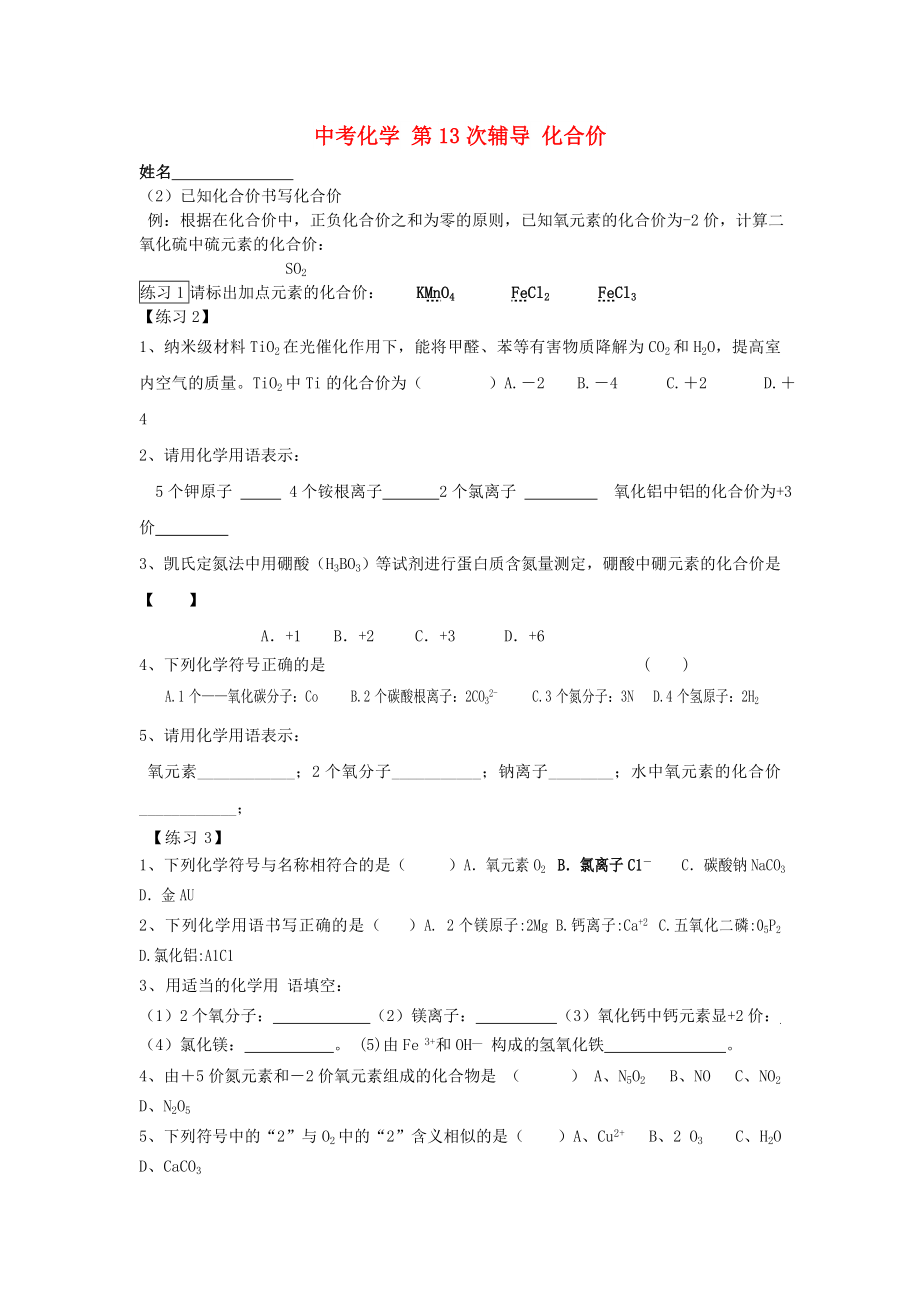 中考化学 第13次辅导 化合价_第1页