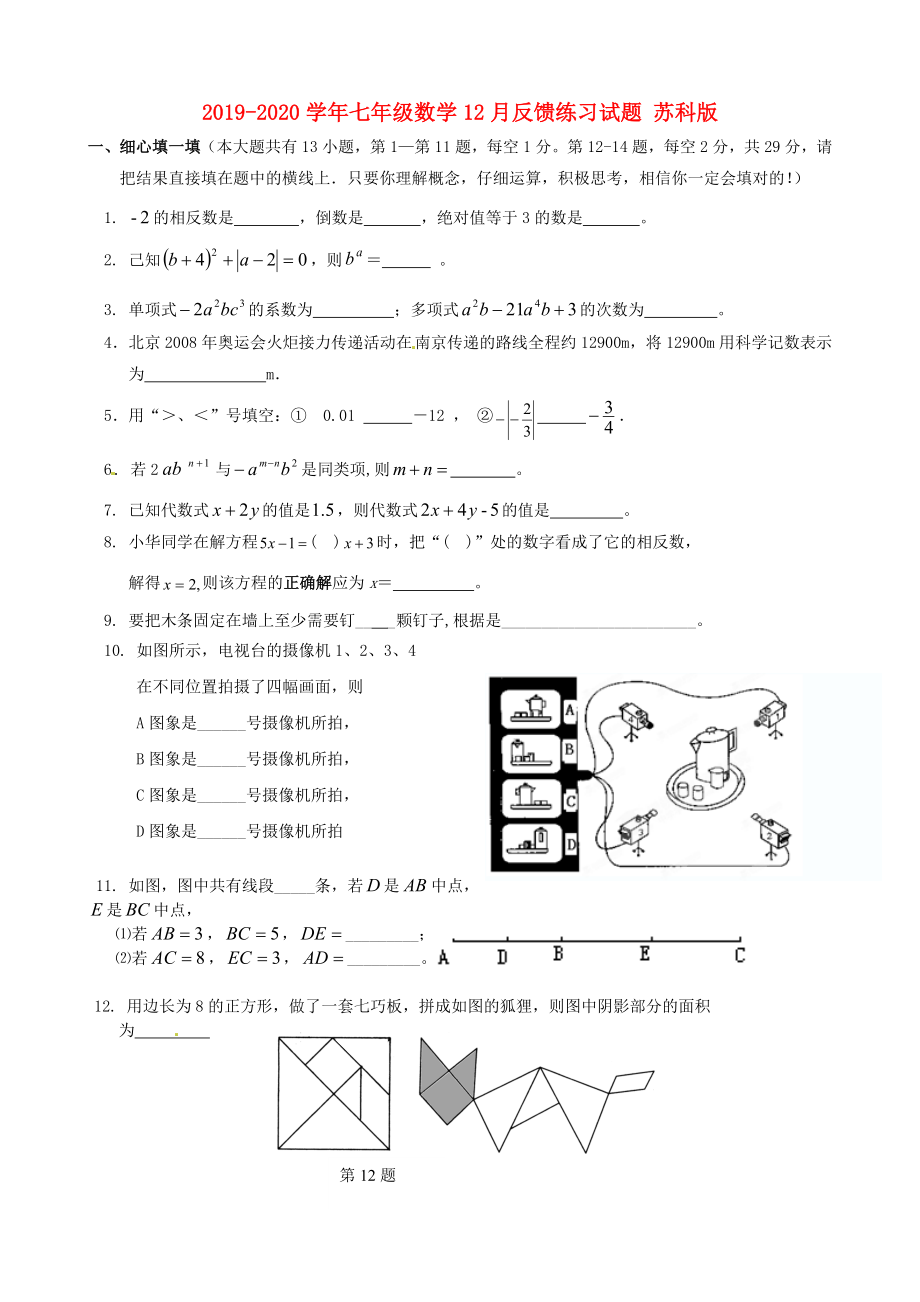 七年级数学12月反馈练习试题苏科版_第1页