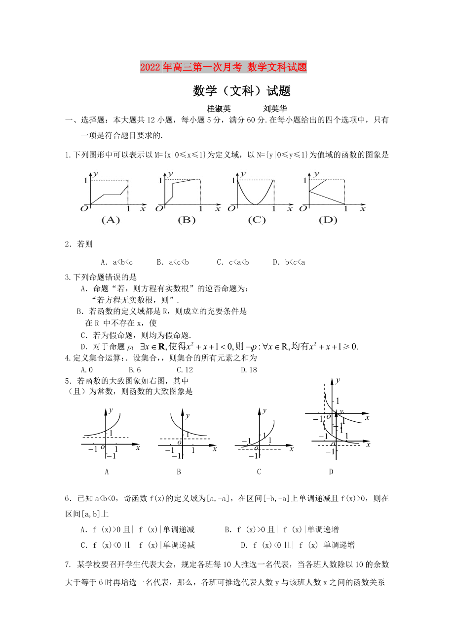 2022年高三第一次月考 數(shù)學(xué)文科試題_第1頁