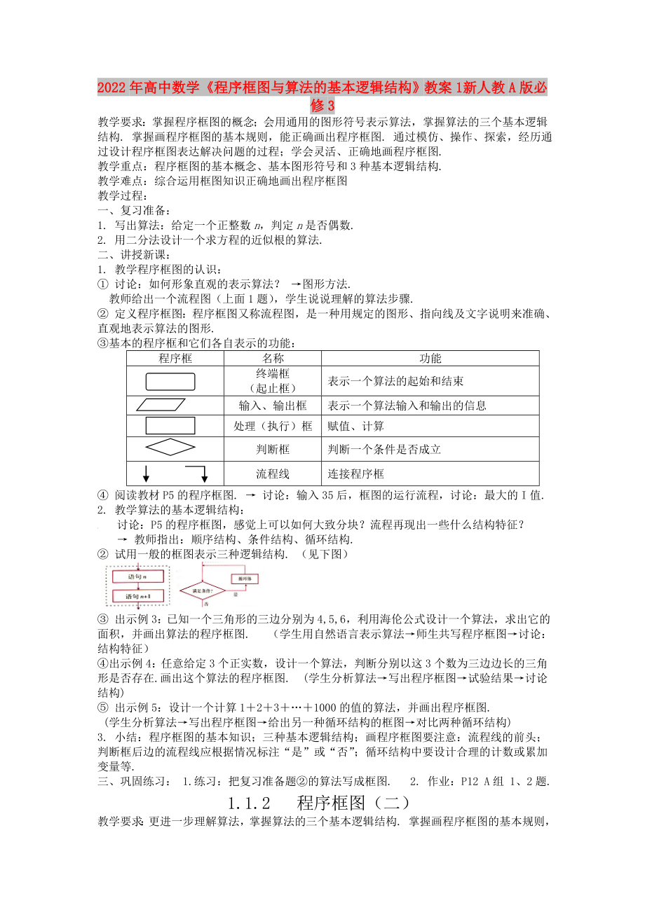 2022年高中數(shù)學(xué)《程序框圖與算法的基本邏輯結(jié)構(gòu)》教案1 新人教A版必修3_第1頁