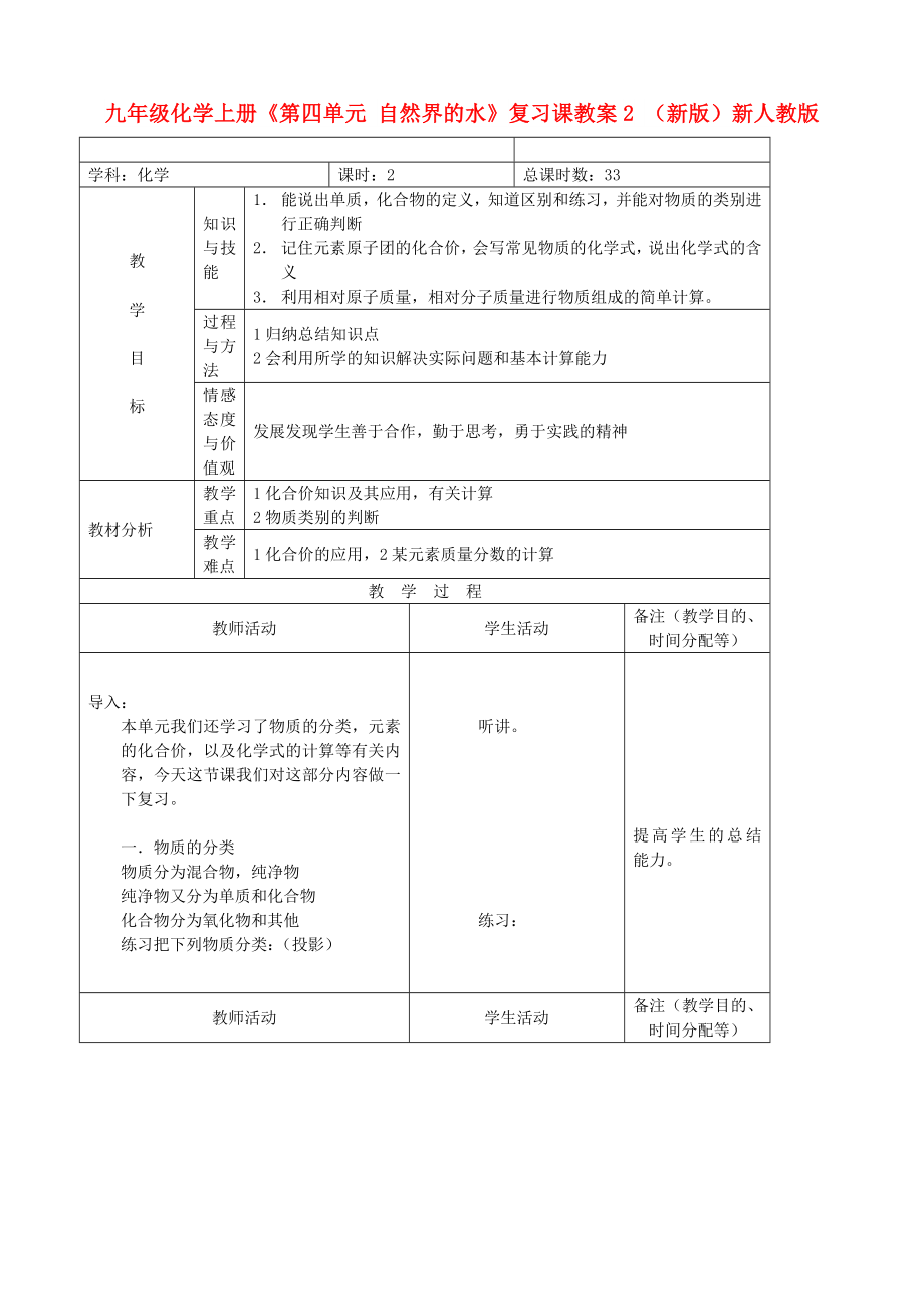 九年級(jí)化學(xué)上冊(cè)《第四單元 自然界的水》復(fù)習(xí)課教案2 （新版）新人教版_第1頁