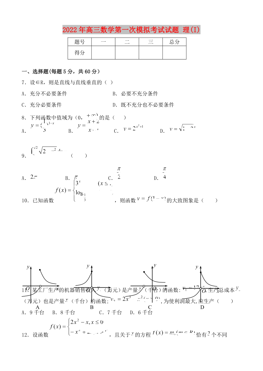 2022年高三數(shù)學第一次模擬考試試題 理(I)_第1頁