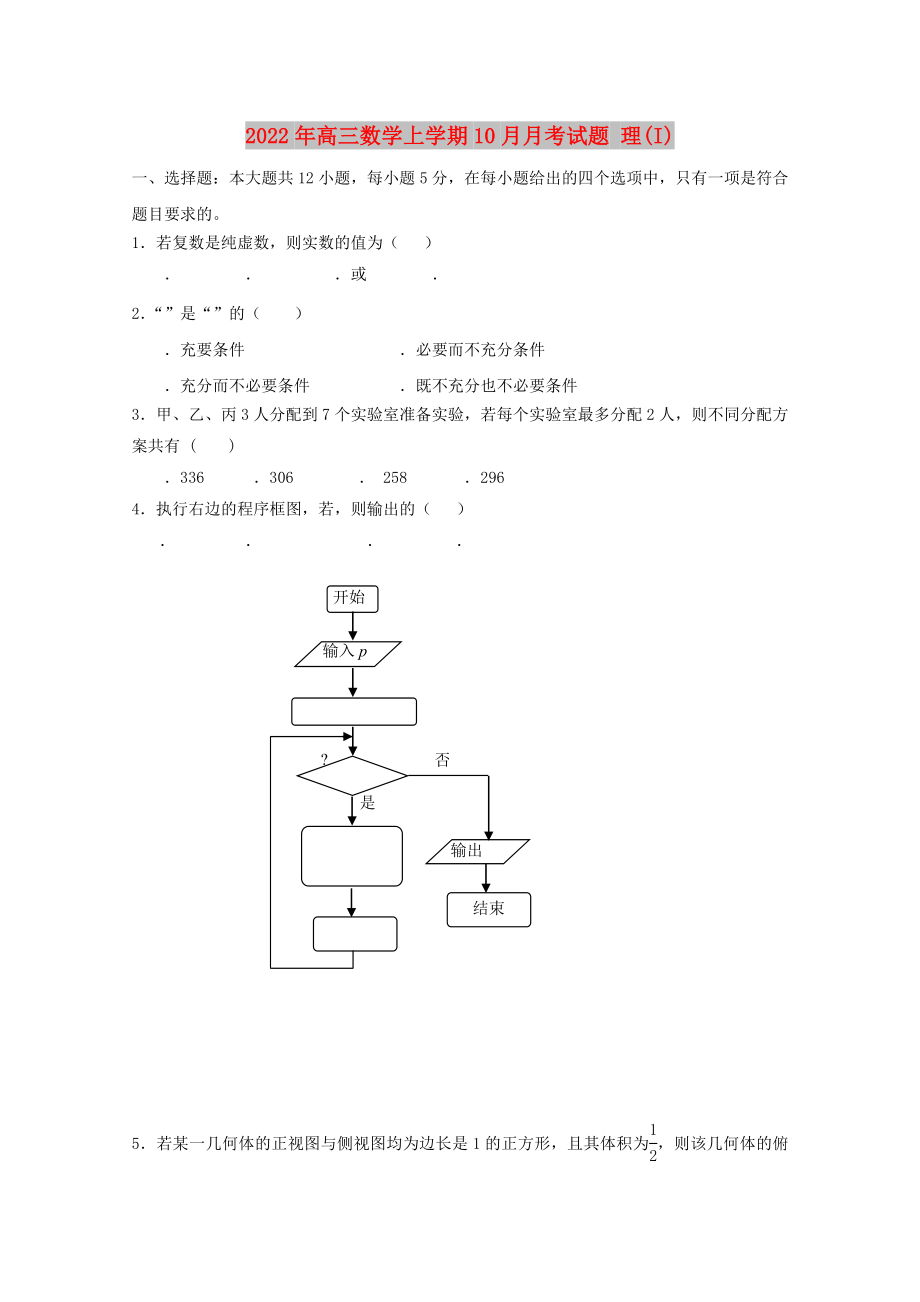 2022年高三數(shù)學(xué)上學(xué)期10月月考試題 理(I)_第1頁(yè)