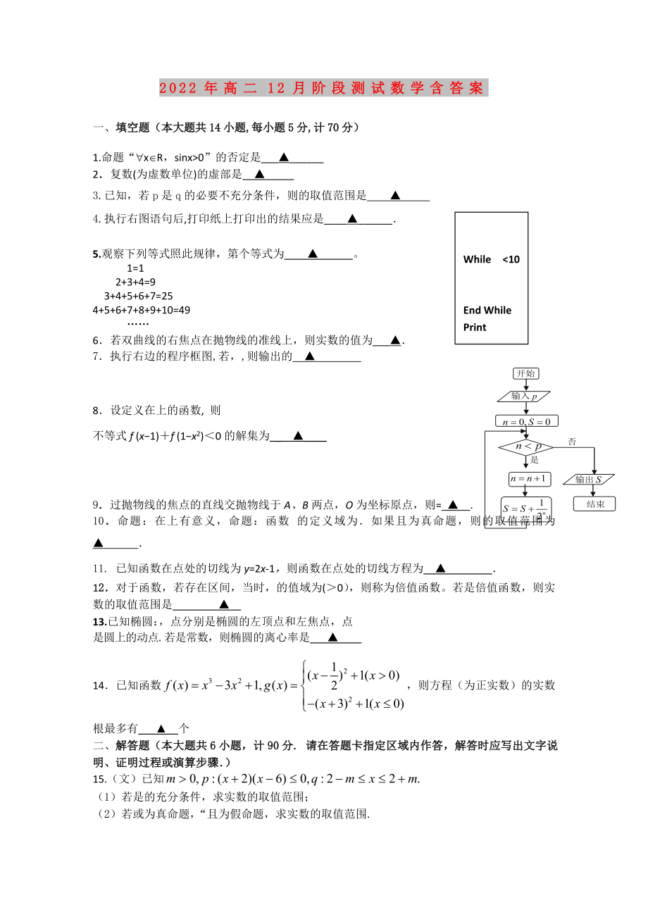 2022年高二12月阶段测试数学含答案_第1页