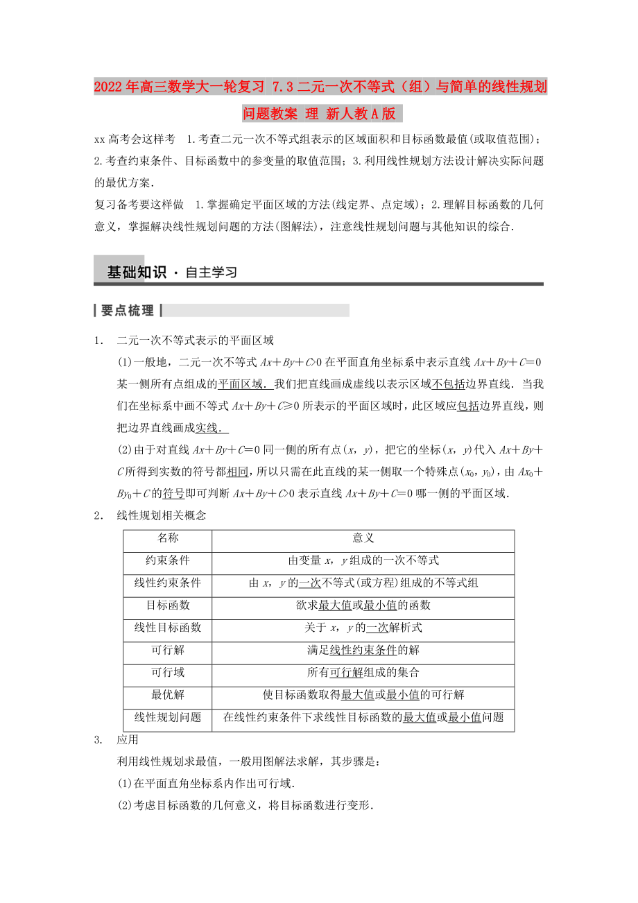 2022年高三數(shù)學大一輪復習 7.3二元一次不等式（組）與簡單的線性規(guī)劃問題教案 理 新人教A版_第1頁