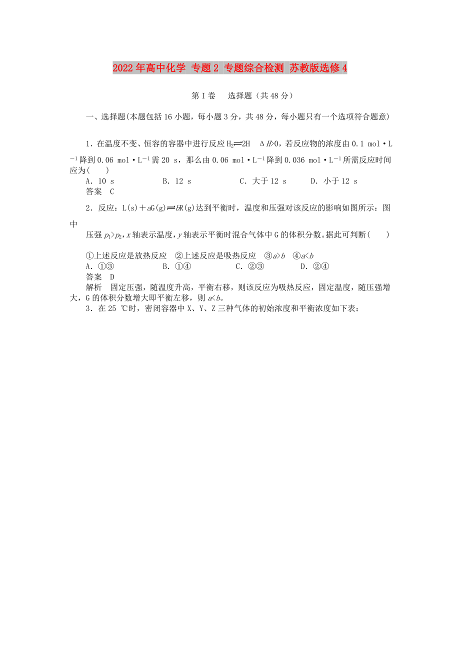 2022年高中化學(xué) 專題2 專題綜合檢測(cè) 蘇教版選修4_第1頁(yè)