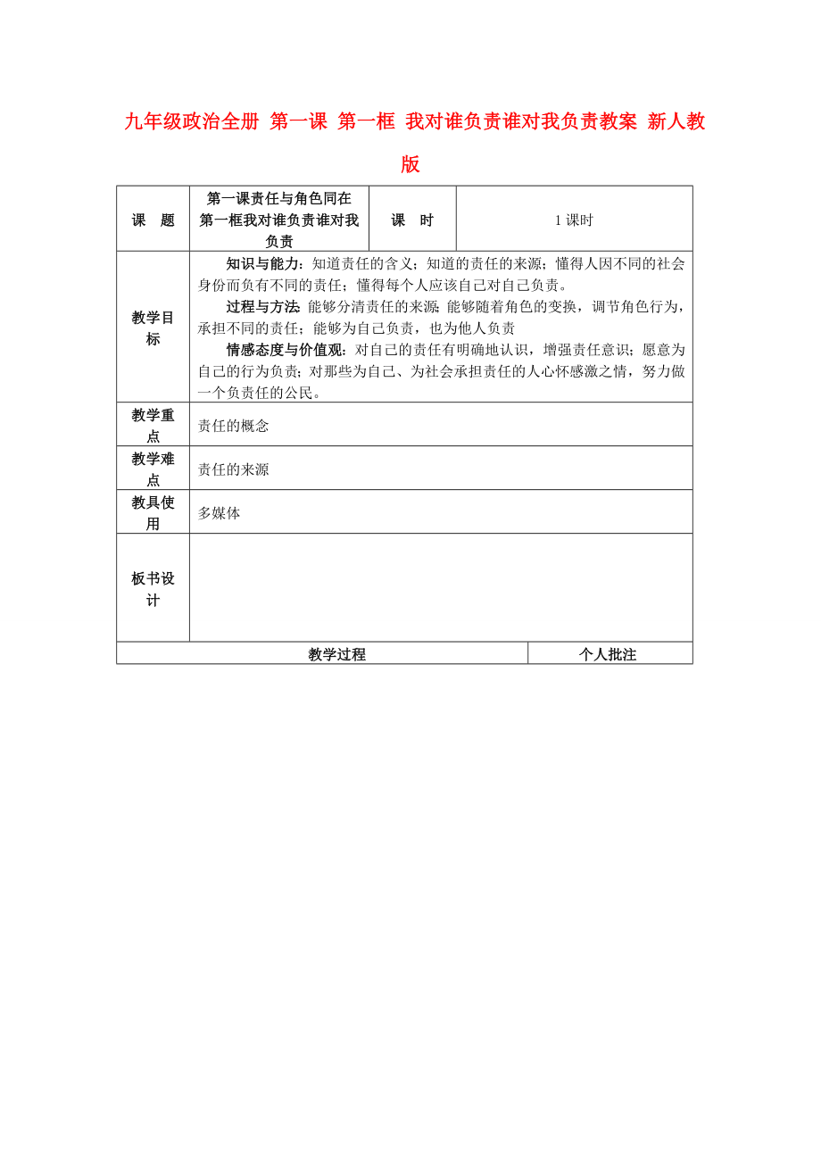 九年級政治全冊 第一課 第一框 我對誰負責誰對我負責教案 新人教版_第1頁