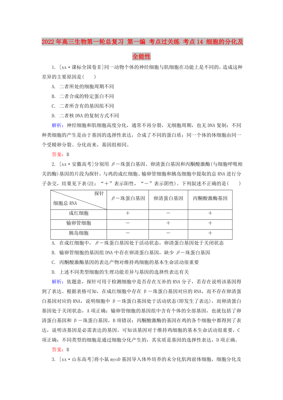 2022年高三生物第一輪總復(fù)習(xí) 第一編 考點(diǎn)過關(guān)練 考點(diǎn)14 細(xì)胞的分化及全能性_第1頁(yè)