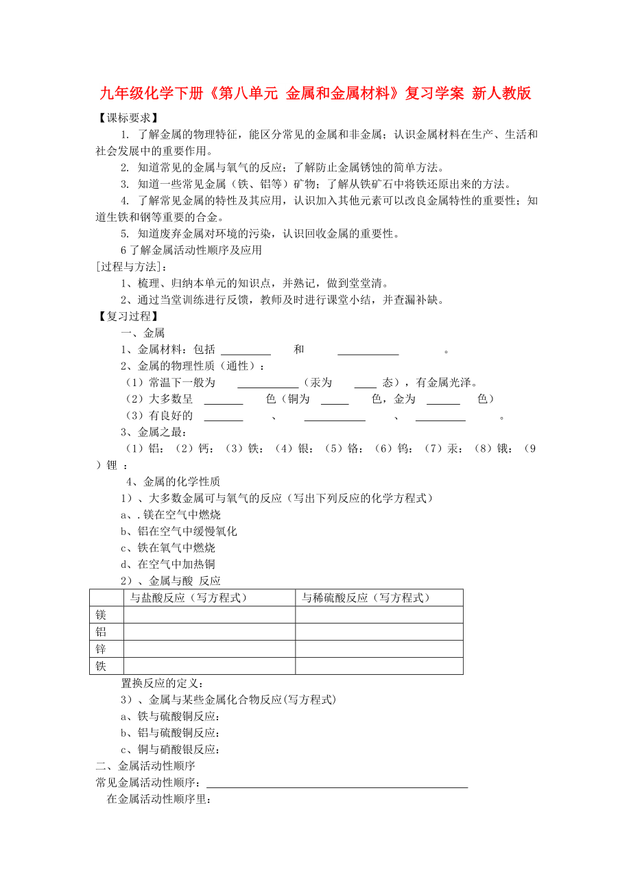 九年级化学下册《第八单元 金属和金属材料》复习学案 新人教版_第1页