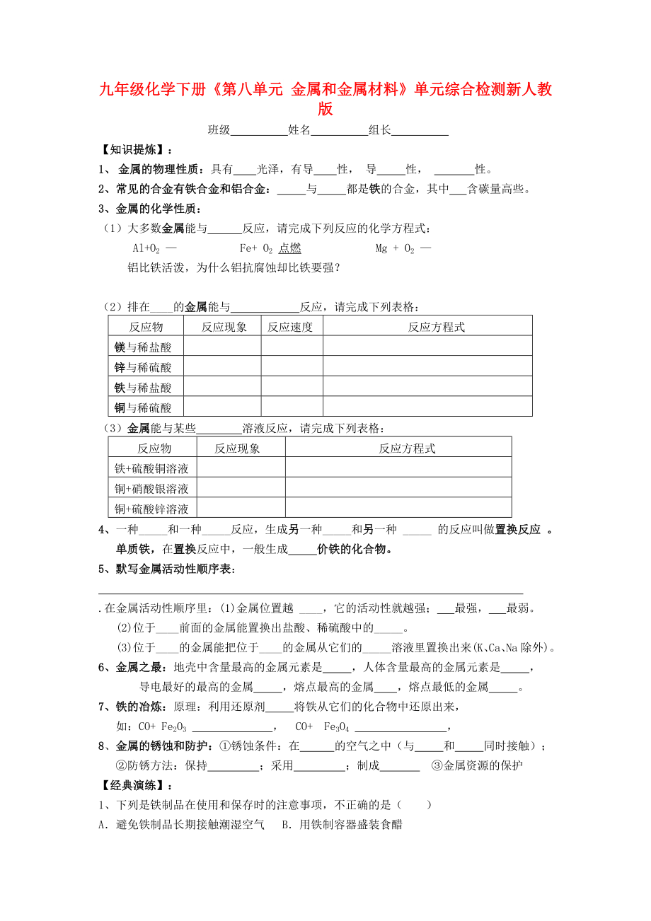 九年级化学下册《第八单元 金属和金属材料》单元综合检测新人教版_第1页