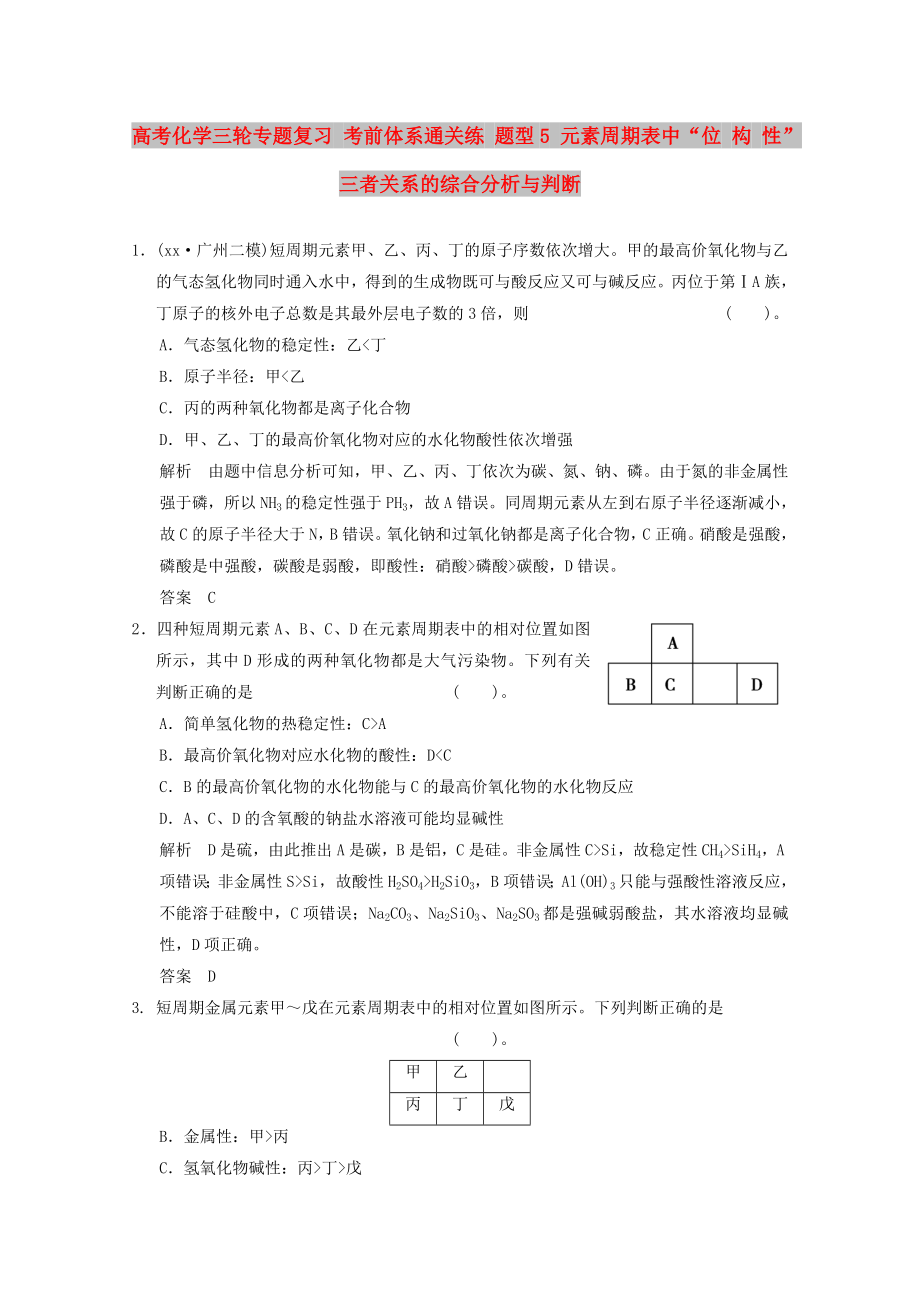 高考化學(xué)三輪專題復(fù)習(xí) 考前體系通關(guān)練 題型5 元素周期表中“位 構(gòu) 性”三者關(guān)系的綜合分析與判斷_第1頁