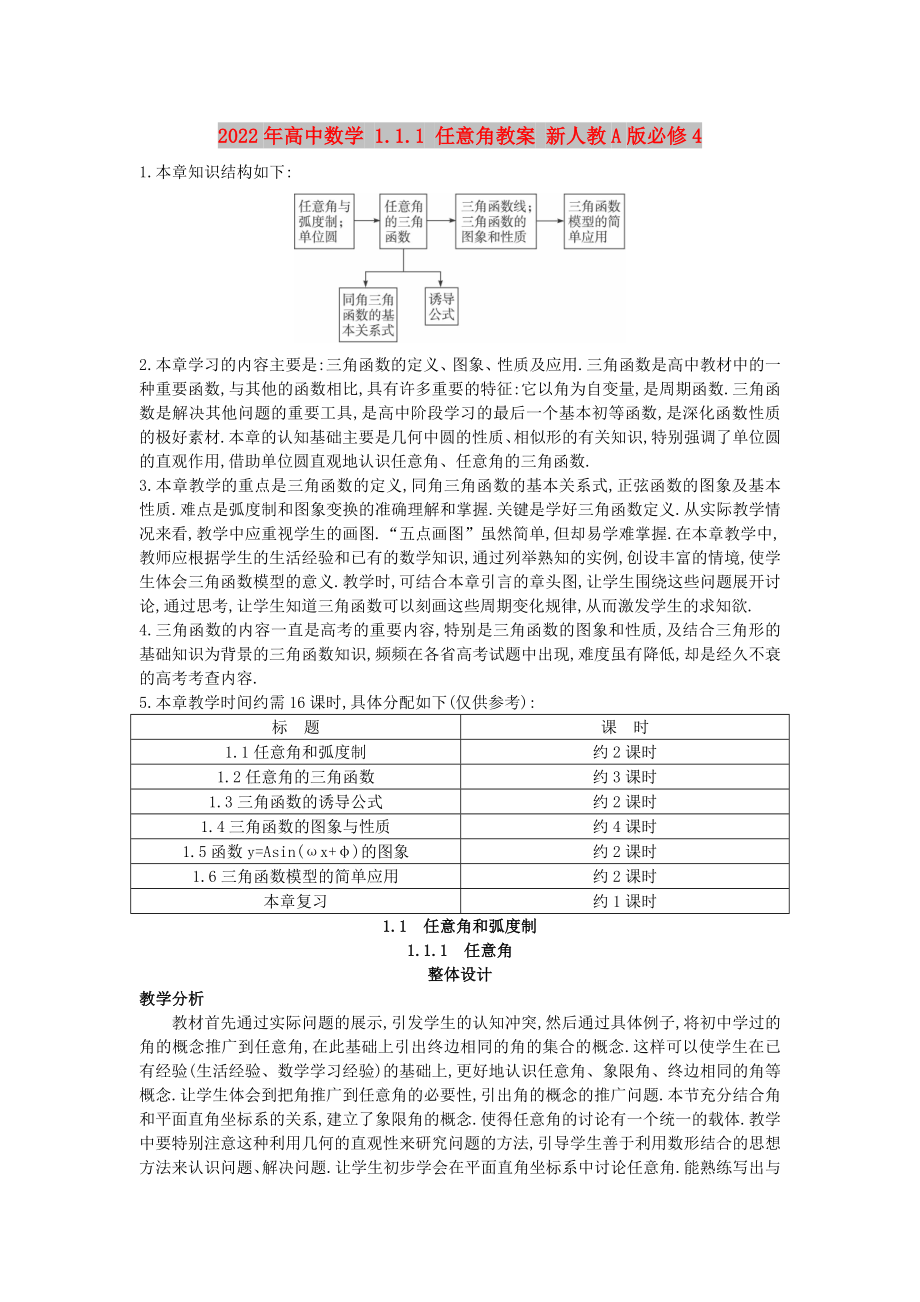 2022年高中數(shù)學(xué) 1.1.1 任意角教案 新人教A版必修4_第1頁