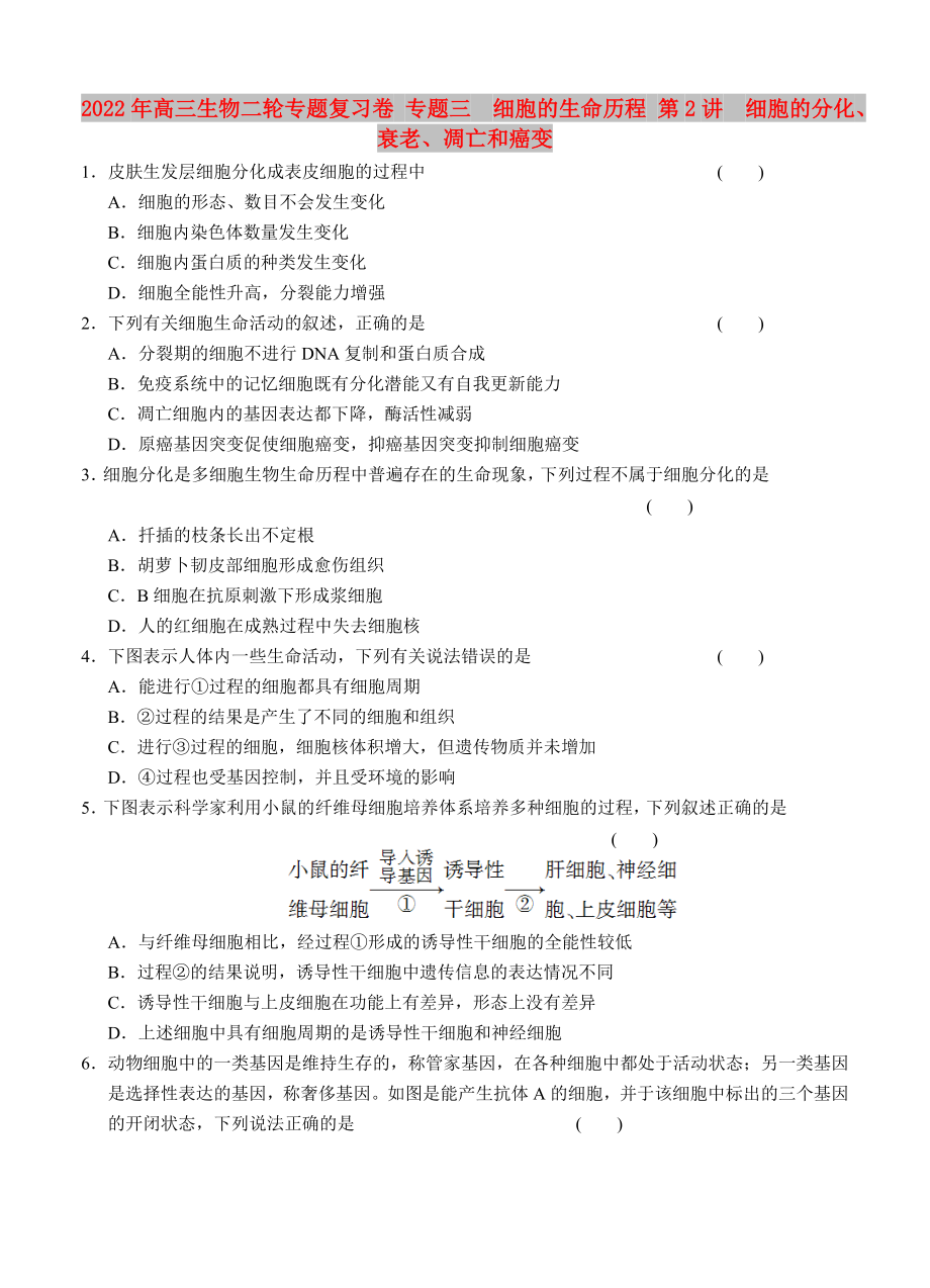 2022年高三生物二輪專題復(fù)習(xí)卷 專題三　細(xì)胞的生命歷程 第2講　細(xì)胞的分化、衰老、凋亡和癌變_第1頁