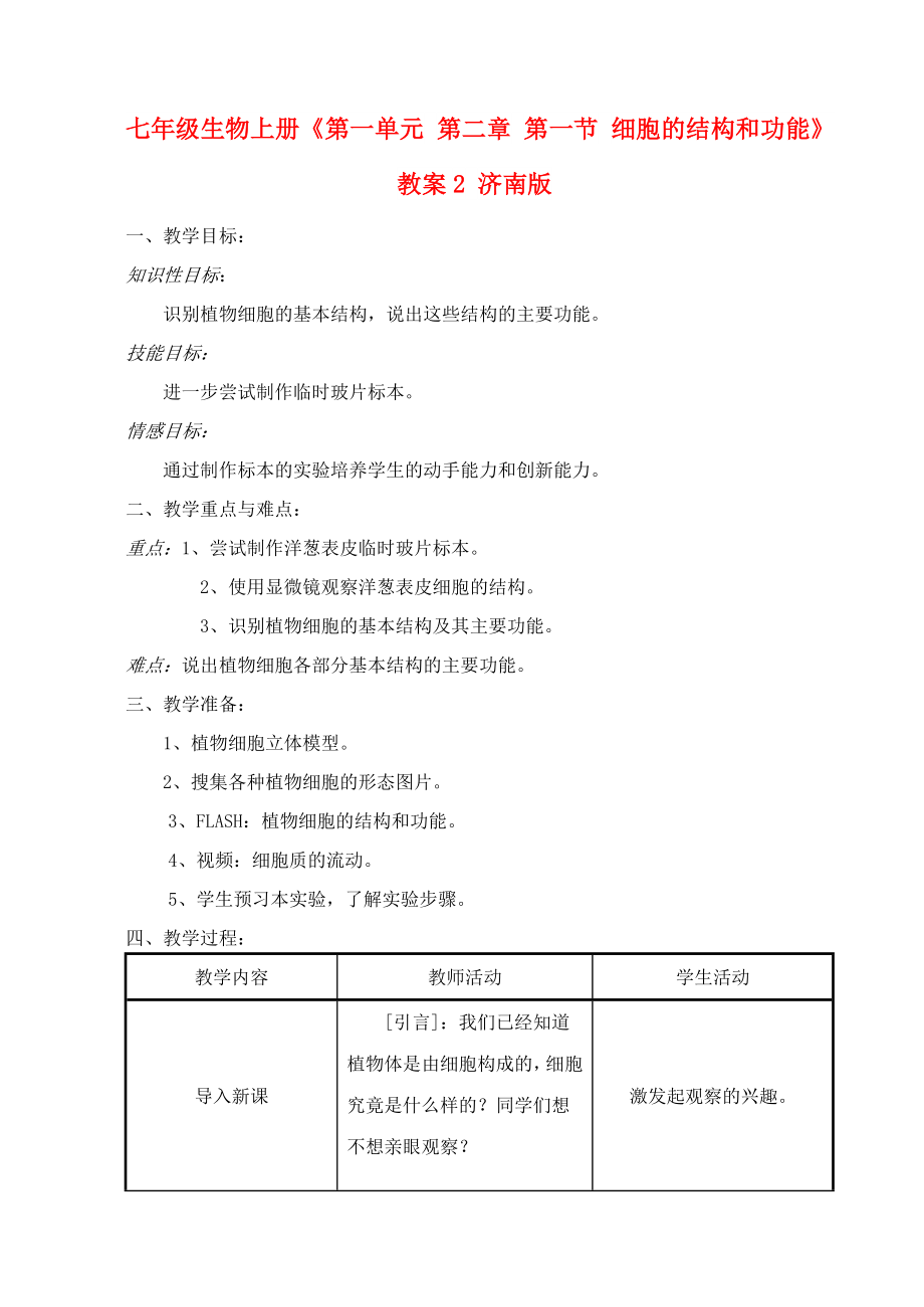 七年級生物上冊《第一單元 第二章 第一節(jié) 細胞的結(jié)構(gòu)和功能》教案2 濟南版_第1頁