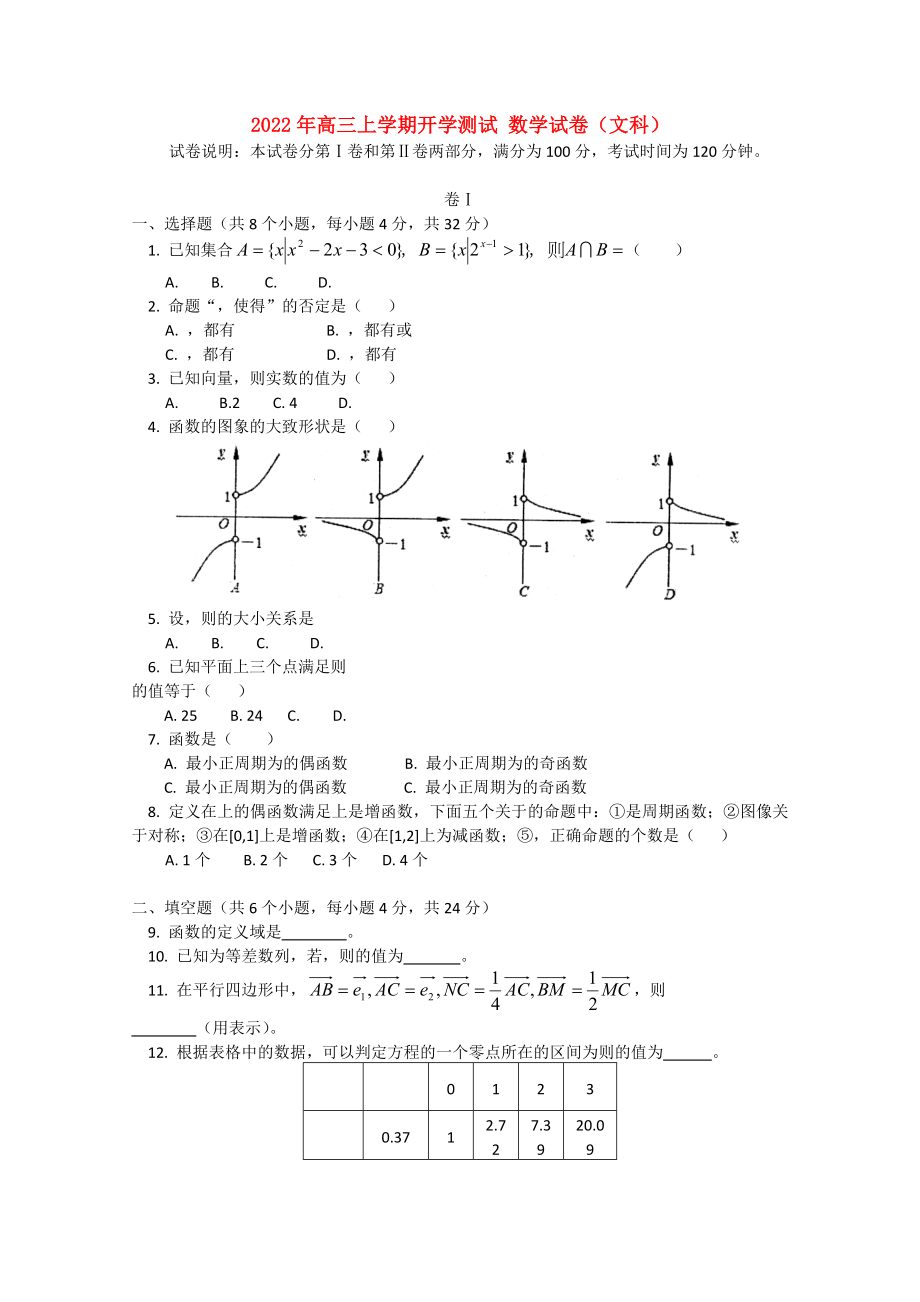 2022年高三上學(xué)期開學(xué)測試 數(shù)學(xué)試卷（文科）_第1頁