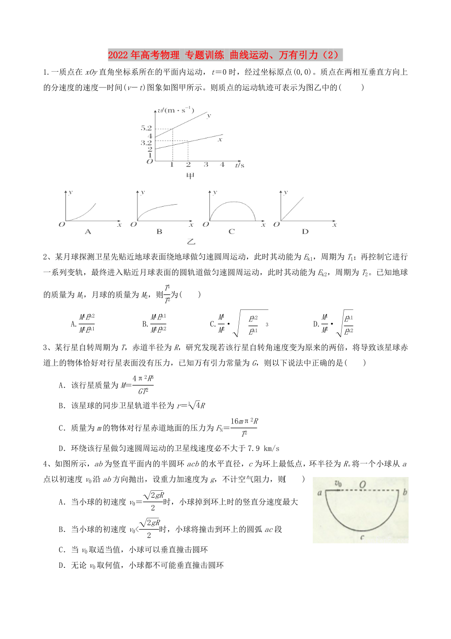 2022年高考物理 專(zhuān)題訓(xùn)練 曲線(xiàn)運(yùn)動(dòng)、萬(wàn)有引力（2）_第1頁(yè)