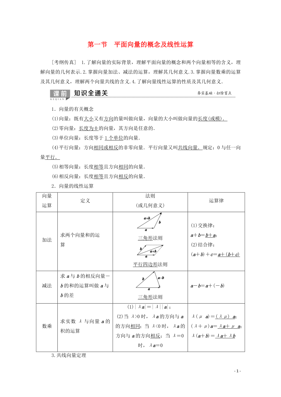 2020版高考數(shù)學(xué)一輪復(fù)習(xí) 第4章 平面向量、數(shù)系的擴(kuò)充與復(fù)數(shù)的引入 第1節(jié) 平面向量的概念及線性運(yùn)算教學(xué)案 理（含解析）北師大版_第1頁