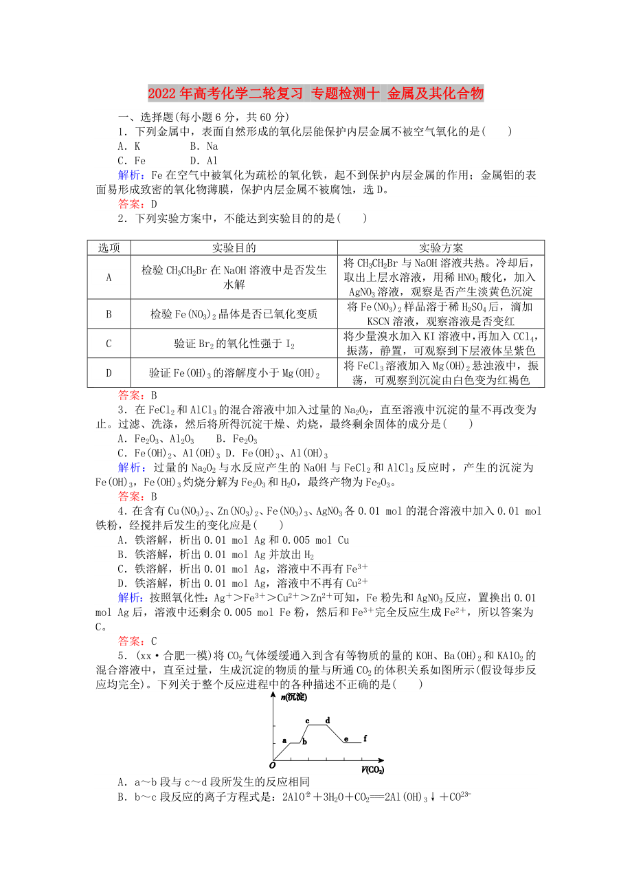 2022年高考化學二輪復習 專題檢測十 金屬及其化合物_第1頁