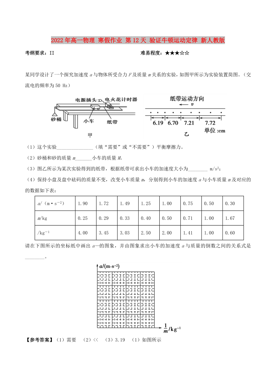 2022年高一物理 寒假作業(yè) 第12天 驗(yàn)證牛頓運(yùn)動(dòng)定律 新人教版_第1頁(yè)