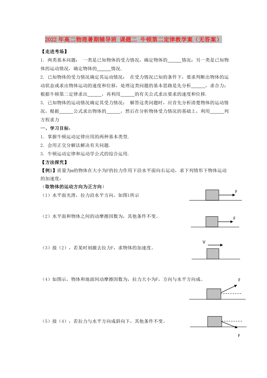 2022年高二物理暑期輔導班 課題二 牛頓第二定律教學案（無答案）_第1頁