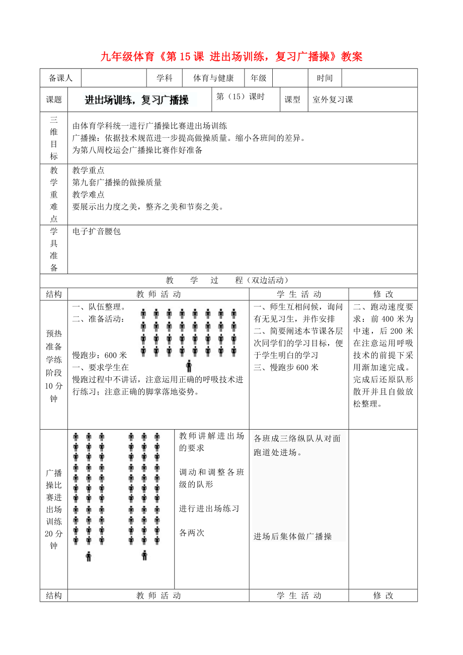 九年級(jí)體育《第15課 進(jìn)出場(chǎng)訓(xùn)練復(fù)習(xí)廣播操》教案_第1頁(yè)