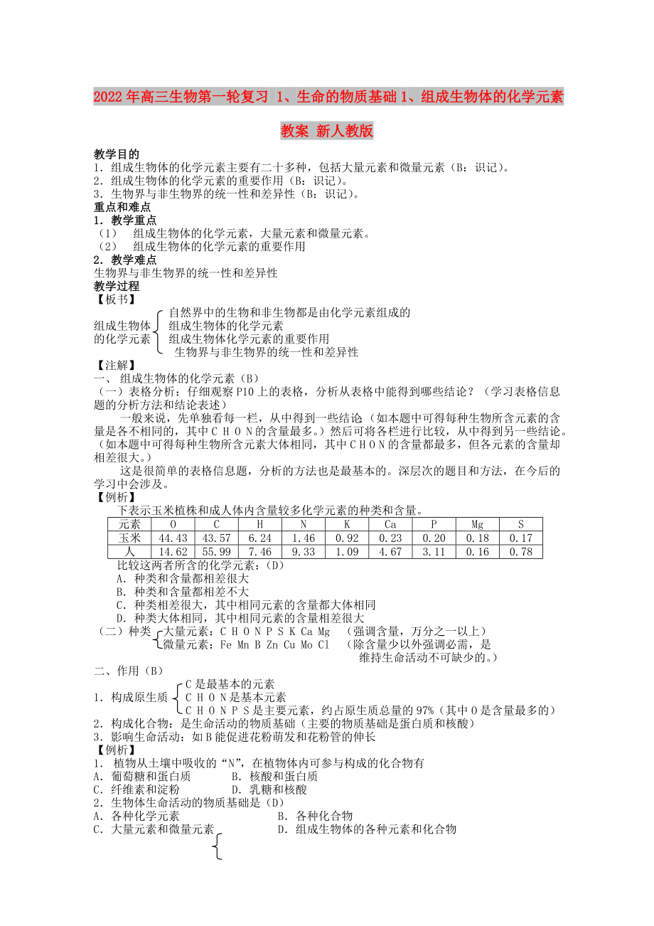 2022年高三生物第一輪復(fù)習(xí) 1、生命的物質(zhì)基礎(chǔ)1、組成生物體的化學(xué)元素教案 新人教版_第1頁(yè)